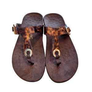 Vionic Lana Brown Patent Animal Print Orthotic Sandals Flip Flops Women's sz9
